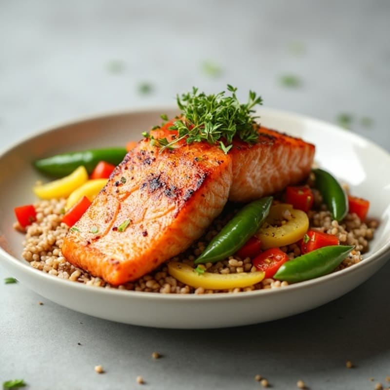 Crispy Seared Salmon with Fresh Veggie Rice Bowl