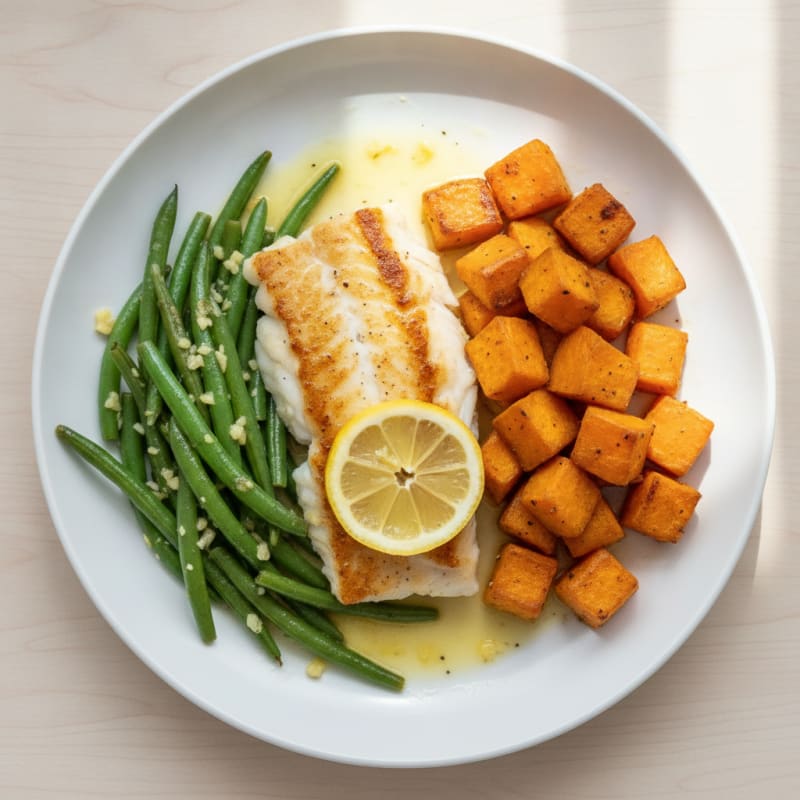 Pan-Seared Fish Fillet with Roasted Sweet Potato and Green Beans