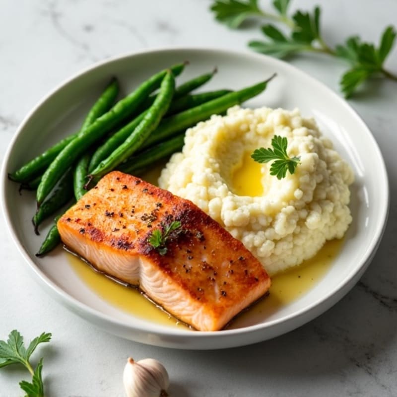 Seared Salmon with Steamed Green Beans and Garlic Mashed Cauliflower