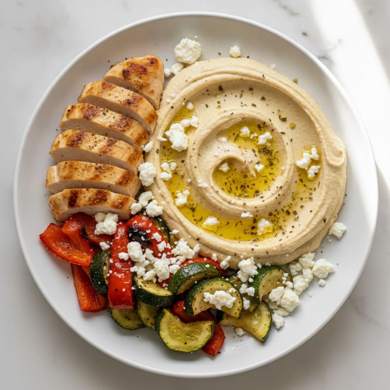 Mediterranean Hummus Platter with Roasted Vegetables and Feta