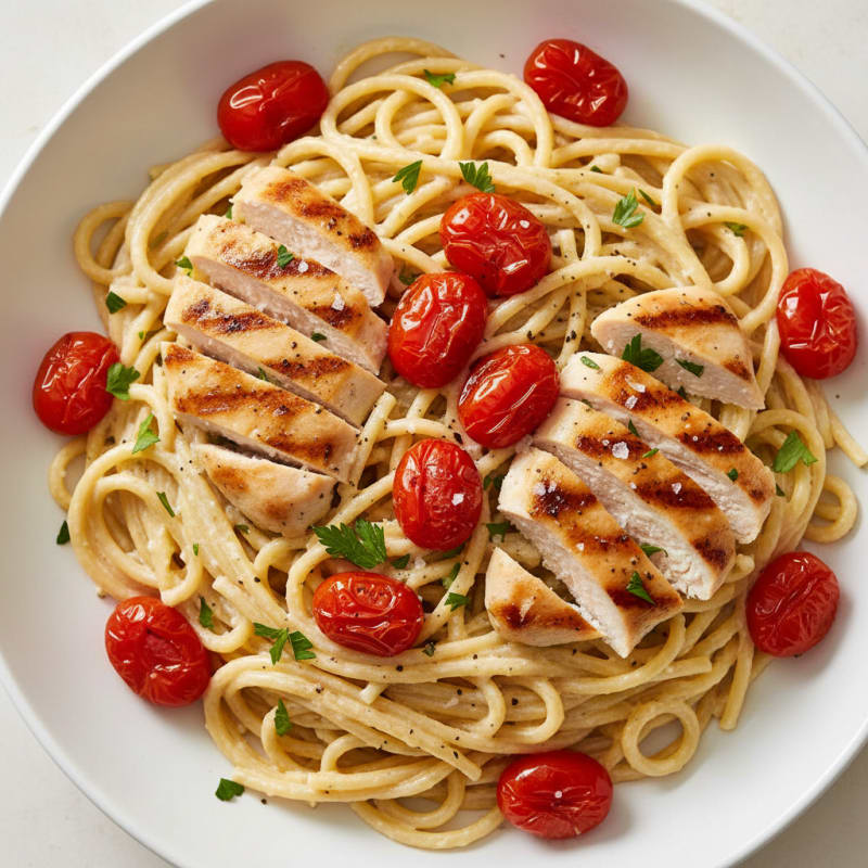 Creamy Garlic Spaghetti with Roasted Tomatoes