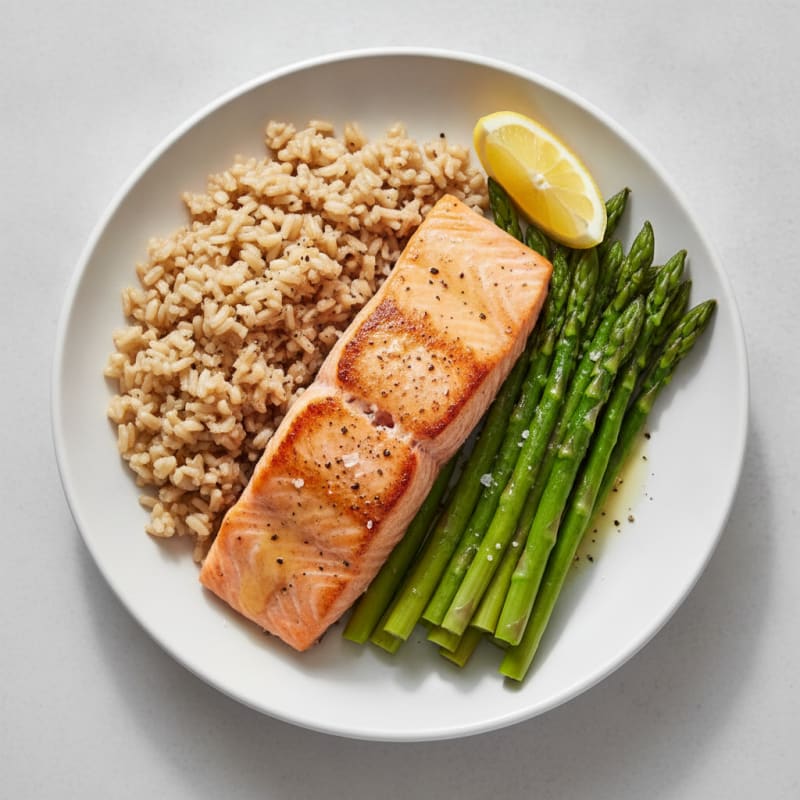 Seared Salmon with Steamed Asparagus and Brown Rice