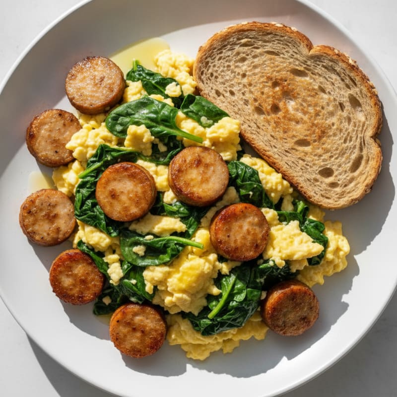 Crispy Chicken Sausage and Spinach Egg Scramble