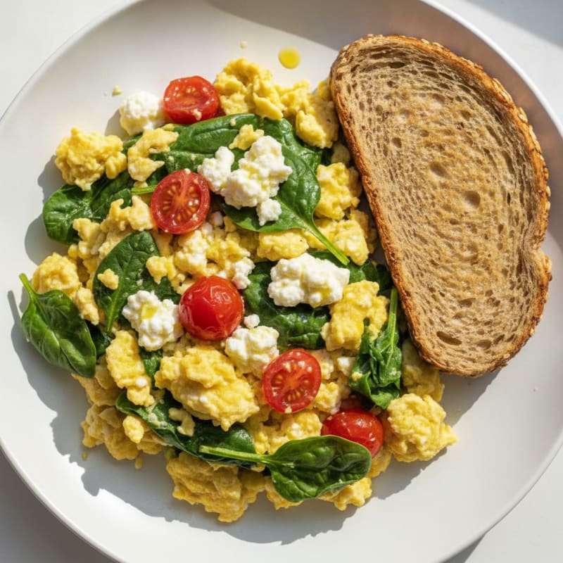 Cottage Cheese Egg Scramble with Spinach and Cherry Tomatoes