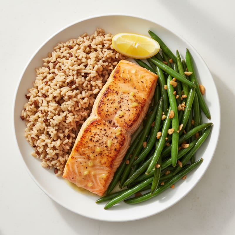 Seared Salmon with Garlic Green Beans and Brown Rice