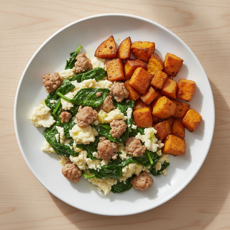Egg White and Turkey Sausage Scramble with Spinach and Roasted Sweet Potatoes