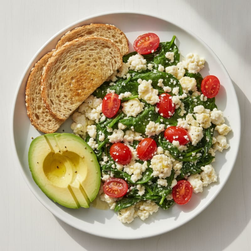 Egg White and Cottage Cheese Scramble with Spinach and Cherry Tomatoes