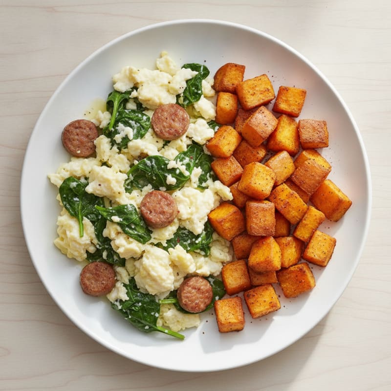 Egg White Spinach Scramble with Turkey Sausage and Roasted Sweet Potato