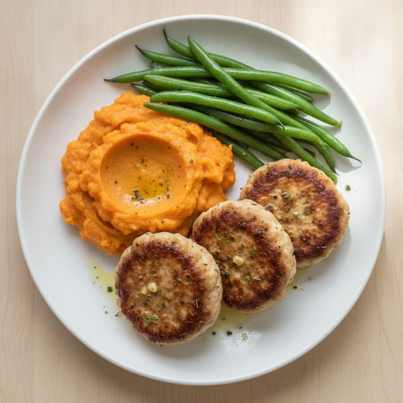 Seared Turkey Patties with Steamed Green Beans and Sweet Potato Mash