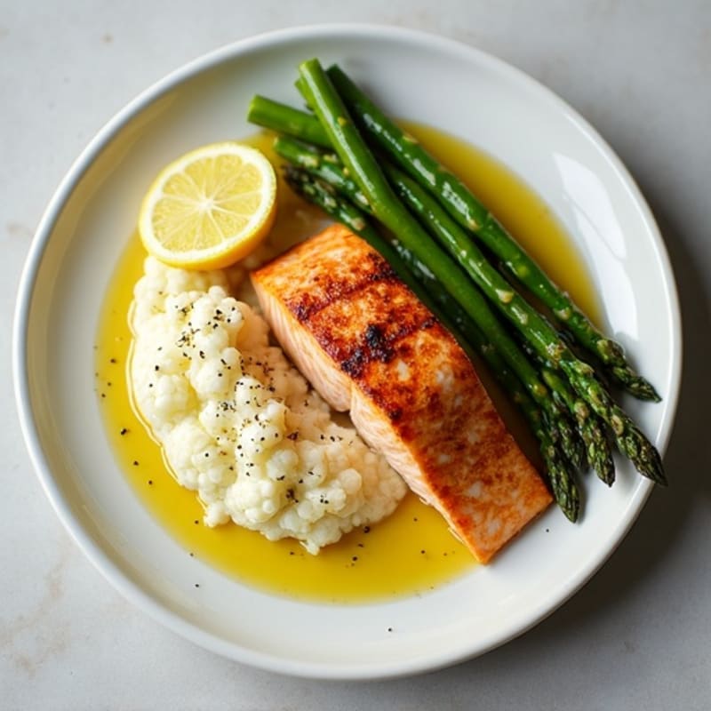 Seared Salmon with Steamed Asparagus and Cauliflower Mash