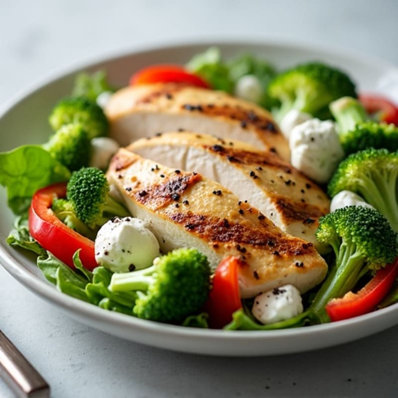 Grilled Chicken Salad with Broccoli and Creamy Cottage Cheese Dressing