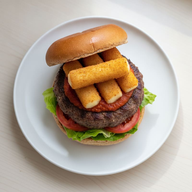 Mozzarella Stick Beef Burger with Marinara