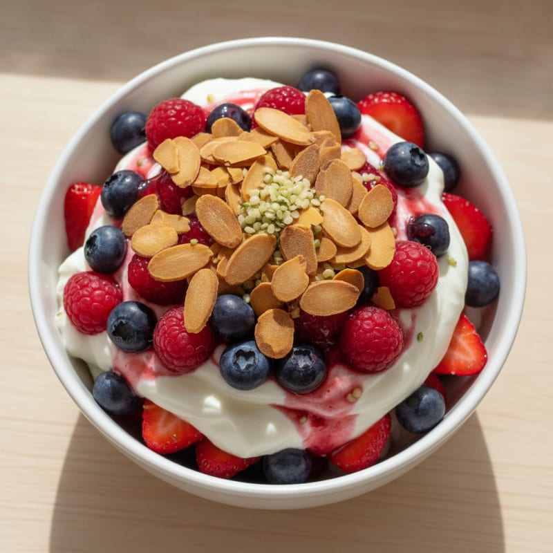 Greek Yogurt Protein Parfait with Mixed Berries and Almonds