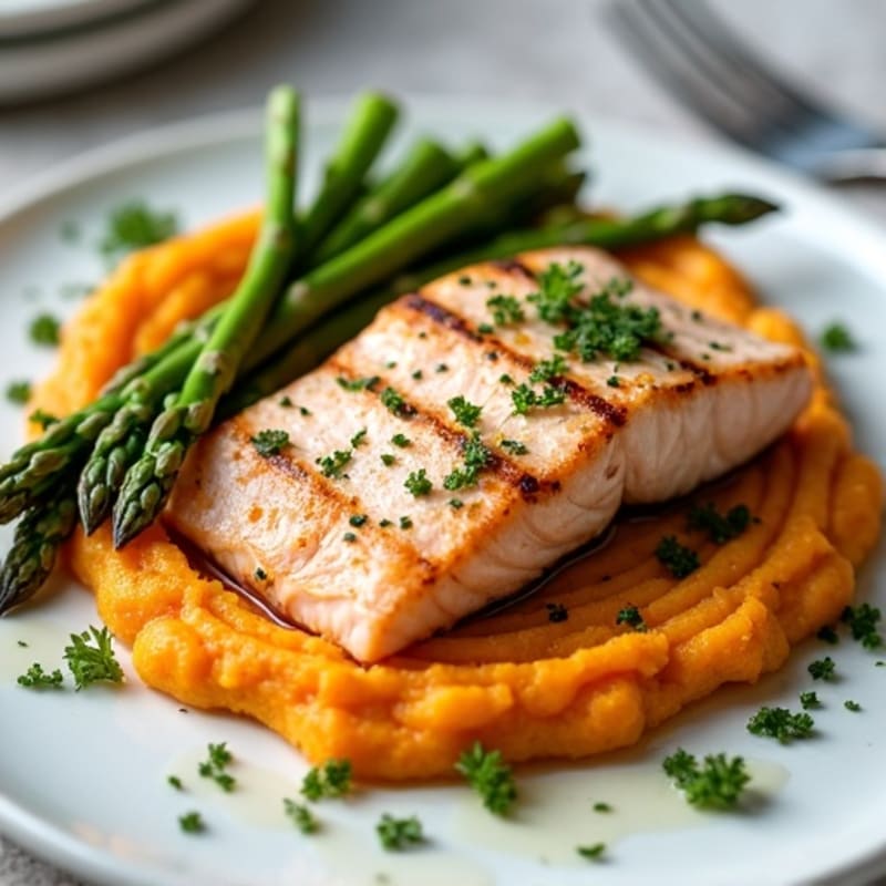 Seared Salmon with Steamed Asparagus and Sweet Potato Mash