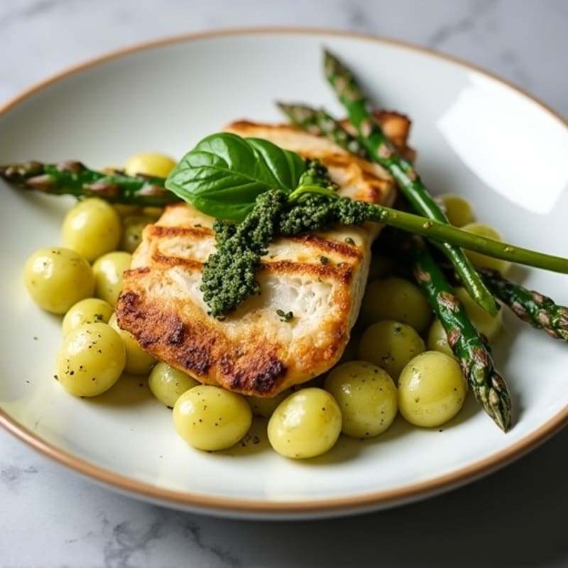 Soft Gnocchi with Fresh Pesto, Grilled Chicken & Roasted Asparagus