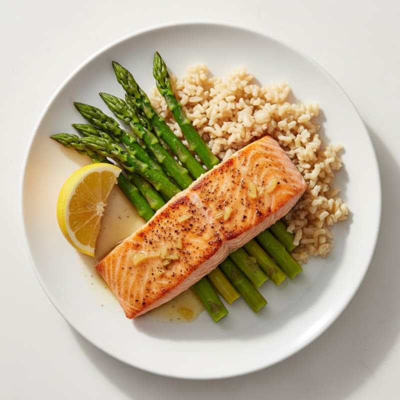 Seared Salmon with Steamed Asparagus and Brown Rice