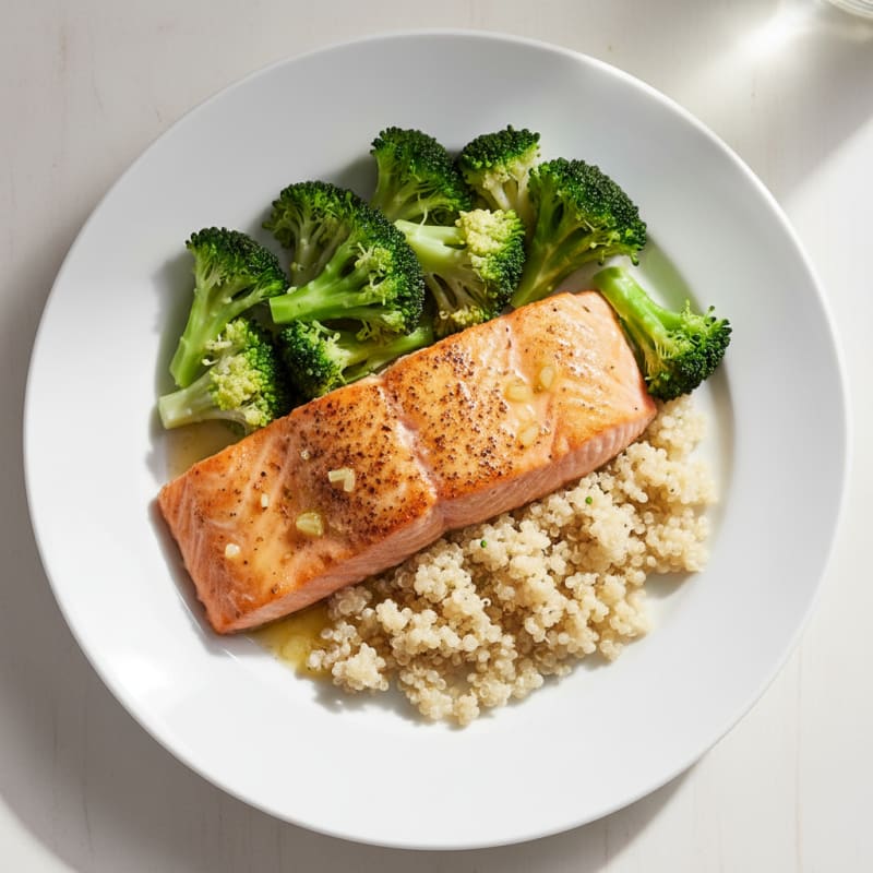 Seared Salmon with Steamed Broccoli and Quinoa