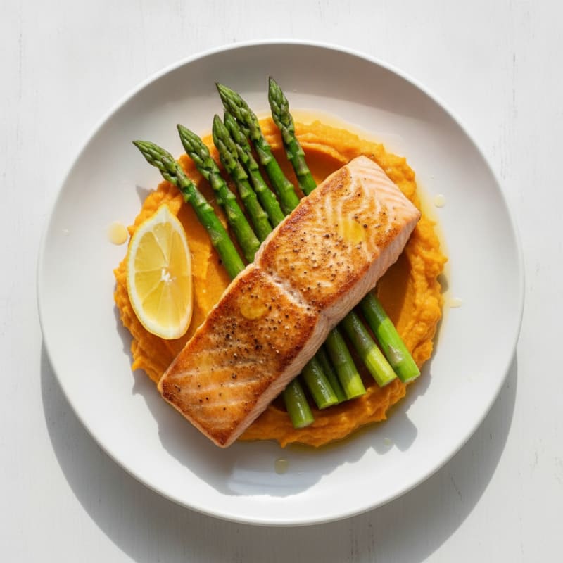 Seared Salmon Fillet with Steamed Asparagus and Sweet Potato Mash