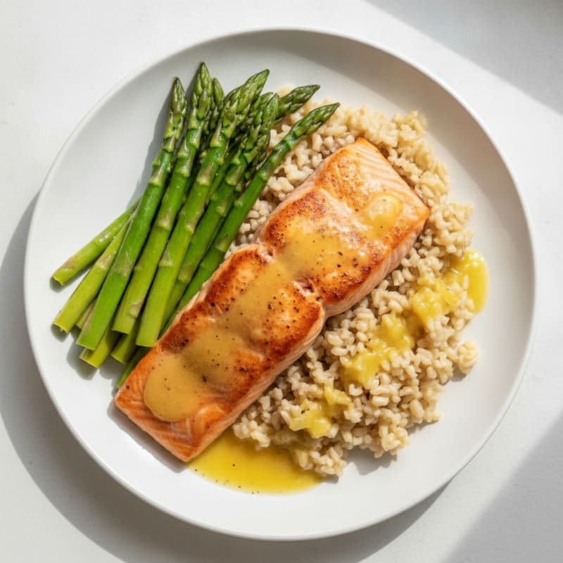 Seared Salmon Fillet with Steamed Asparagus and Brown Rice