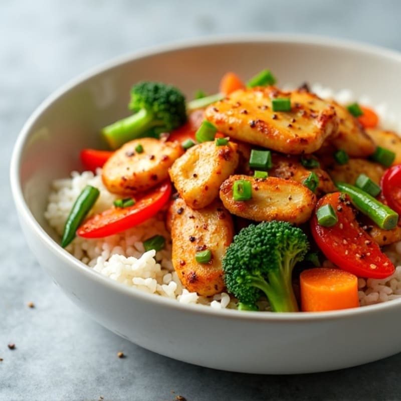 Crispy Chicken Stir-Fry with Fresh Vegetables and Fluffy Rice