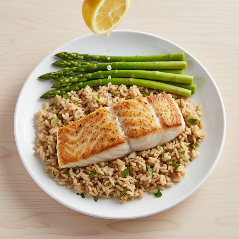 Seared Cod with Steamed Asparagus and Herb Rice