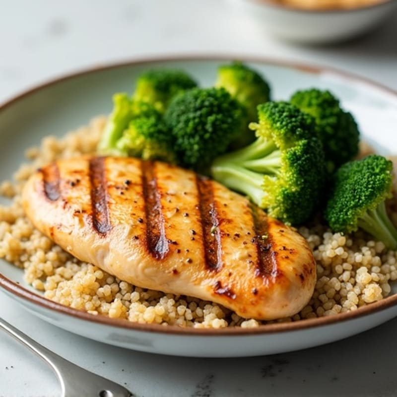 Grilled Lemon-Garlic Chicken Breast with Quinoa and Steamed Broccoli
