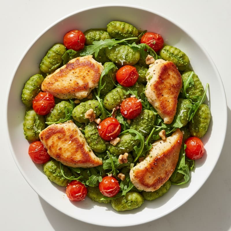 Gnocchi with Arugula Pesto and Cherry Tomatoes