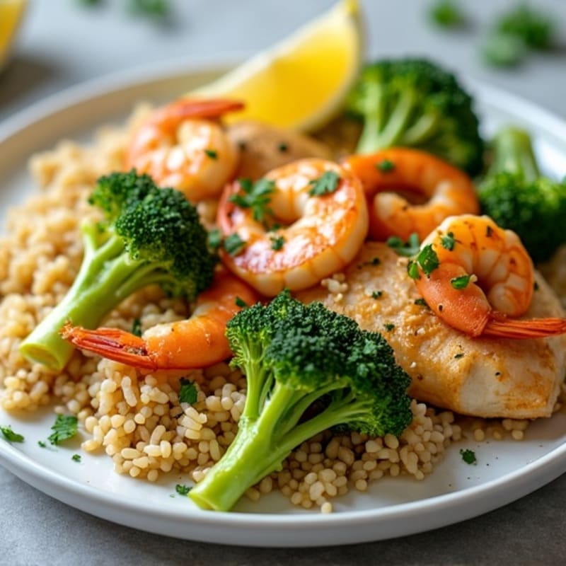 Lemon Herb Chicken and Shrimp with Roasted Broccoli and Fluffy Brown Rice