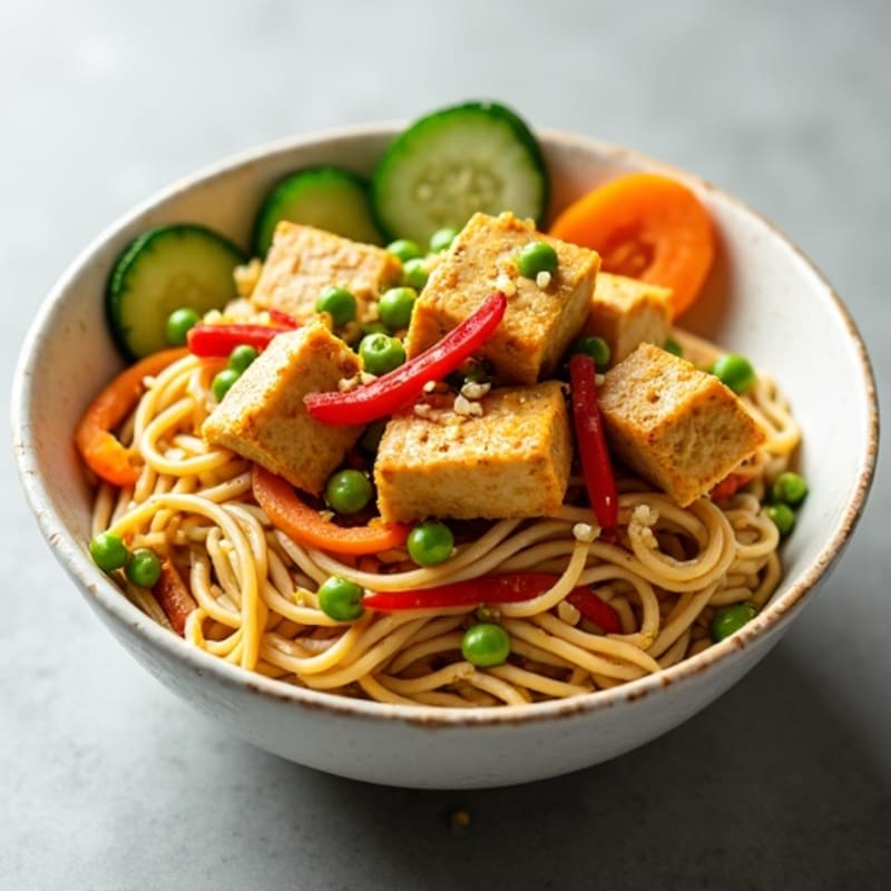 Creamy Thai Peanut Noodles with Crispy Tofu and Fresh Vegetables