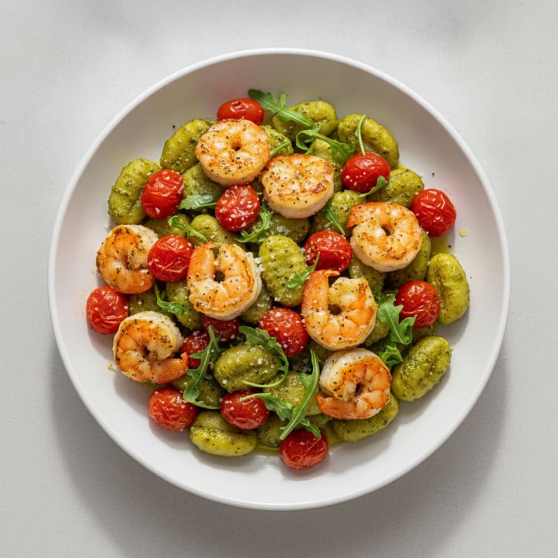 Gnocchi with Arugula Pesto and Cherry Tomatoes