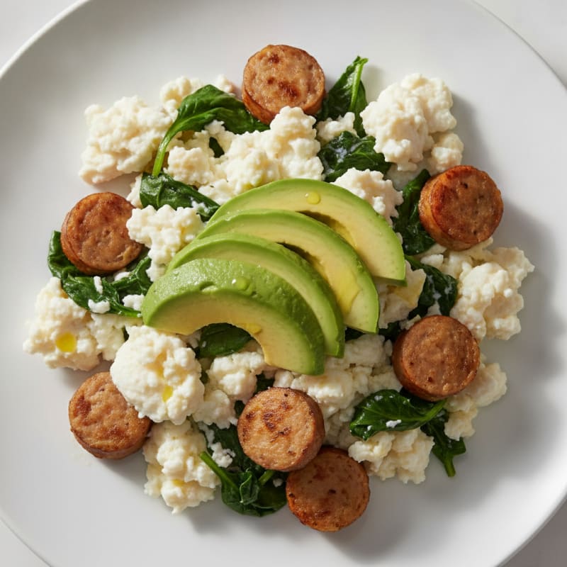 Egg White Scramble with Chicken Sausage and Spinach