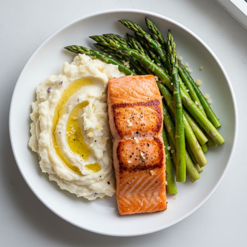Seared Salmon with Steamed Asparagus and Garlic Mashed Potatoes