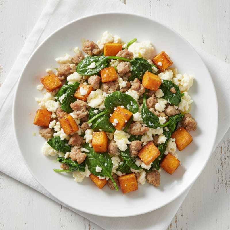 Egg White and Turkey Sausage Scramble with Spinach and Roasted Sweet Potatoes
