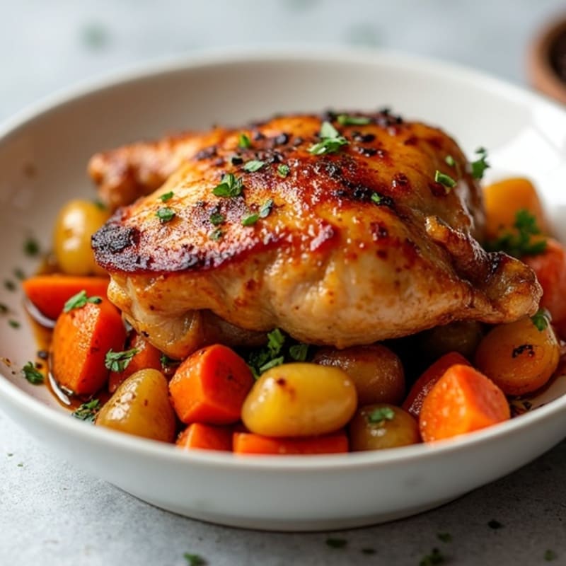 Smoky Maple Glazed Chicken Thighs with Crispy Roasted Root Vegetables