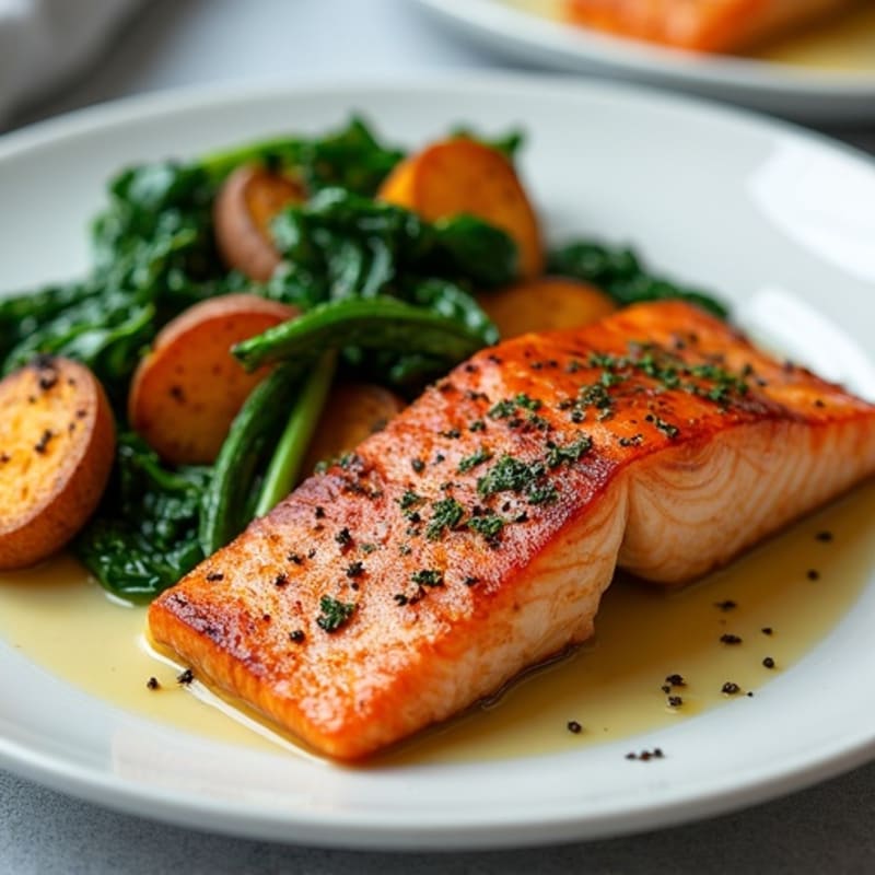 Seared Salmon with Garlic Spinach and Roasted Sweet Potato