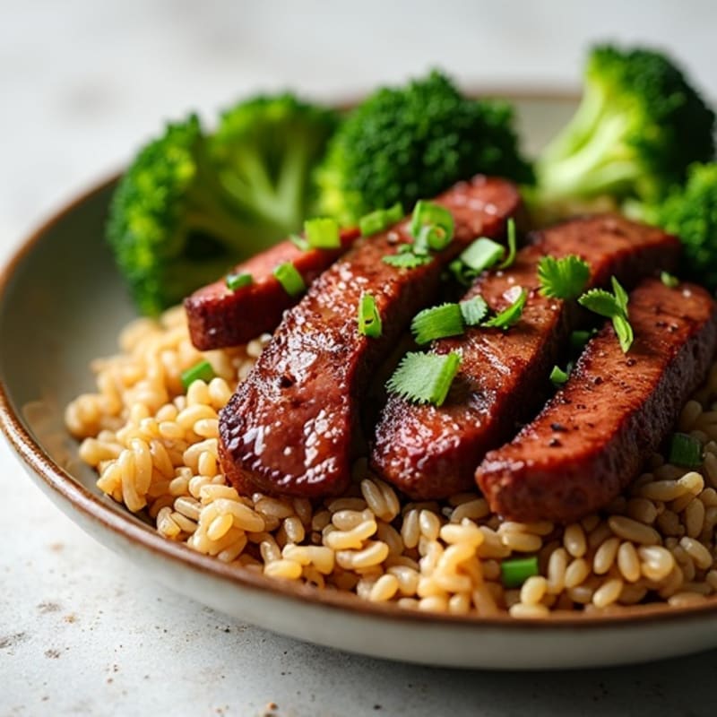 Garlic Ginger Beef with Roasted Broccoli and Brown Rice