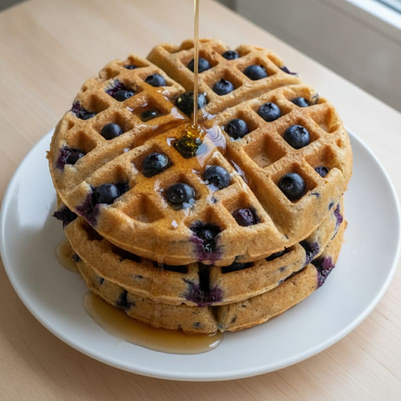 Blueberry Protein Waffles with Maple Syrup