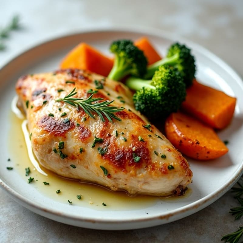Garlic-Herb Roasted Chicken with Sweet Potatoes and Crispy Broccoli