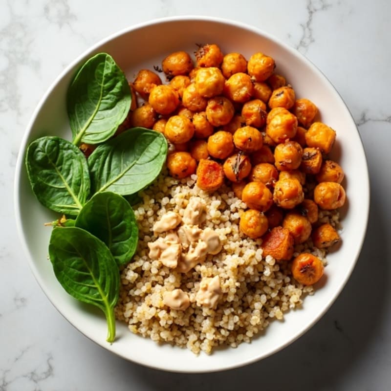 Crispy Chickpea and Roasted Sweet Potato Quinoa Bowl with Creamy Tahini