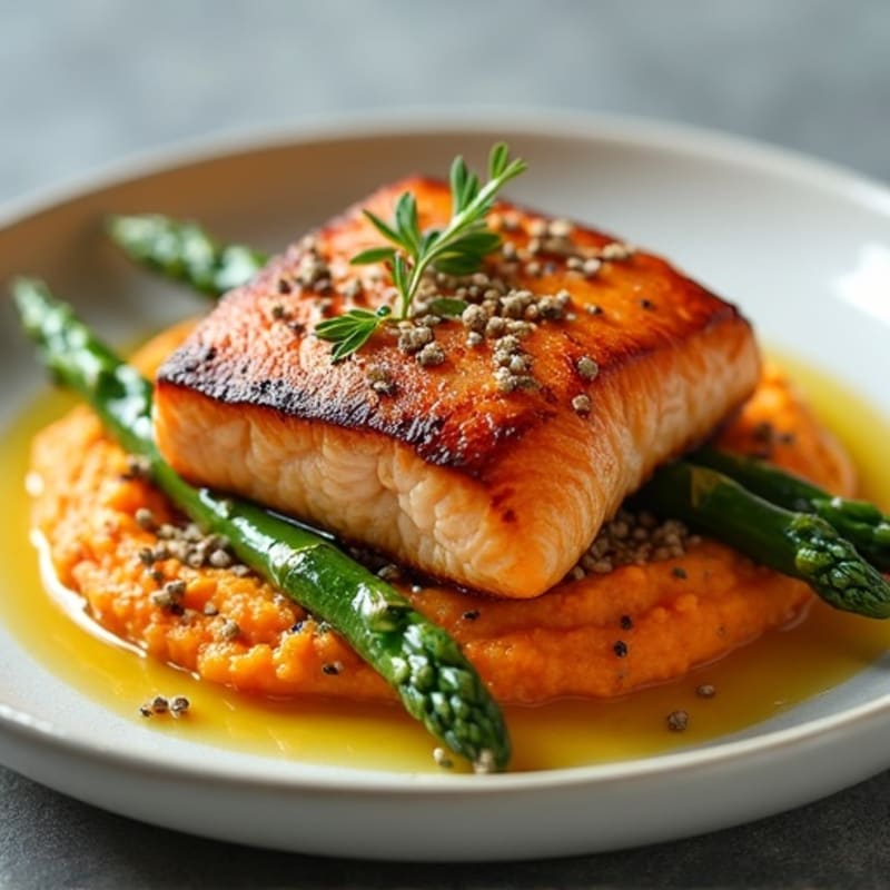 Seared Salmon with Roasted Asparagus and Sweet Potato Mash