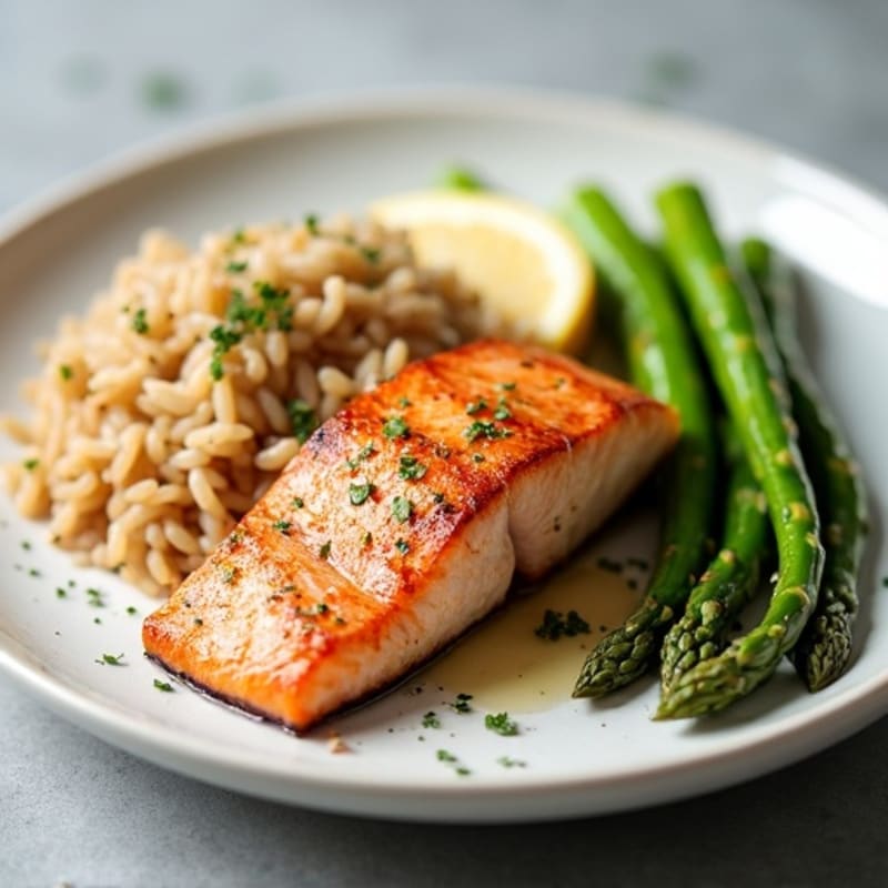 Seared Salmon with Steamed Asparagus and Brown Rice