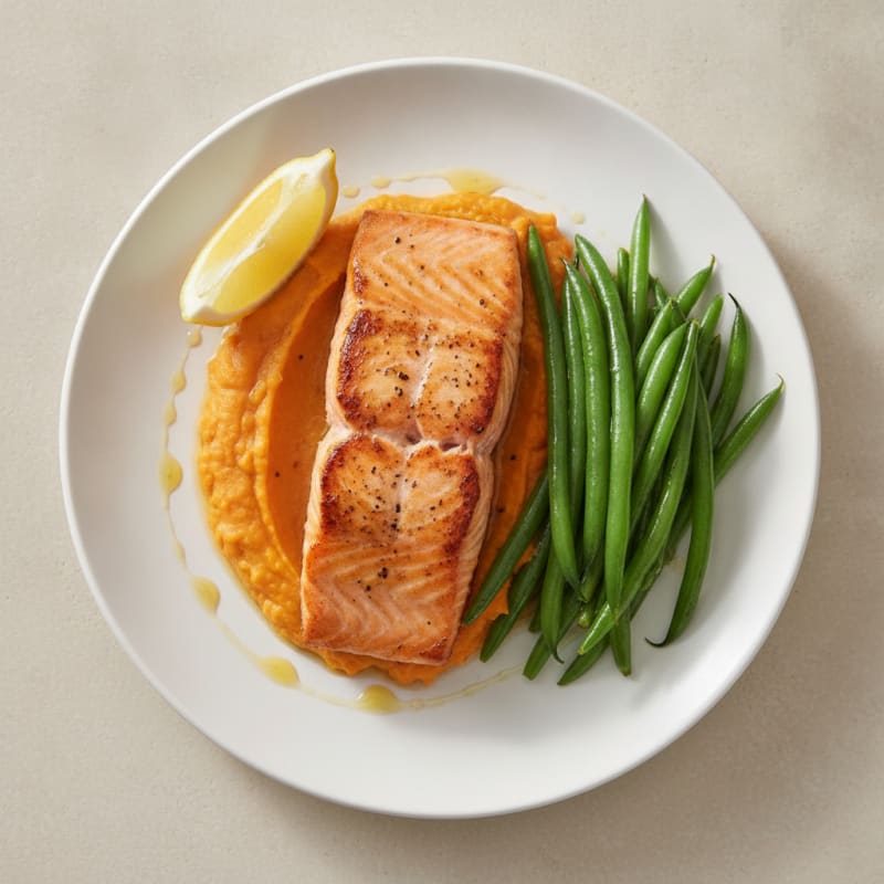 Seared Salmon with Steamed Green Beans and Sweet Potato Mash