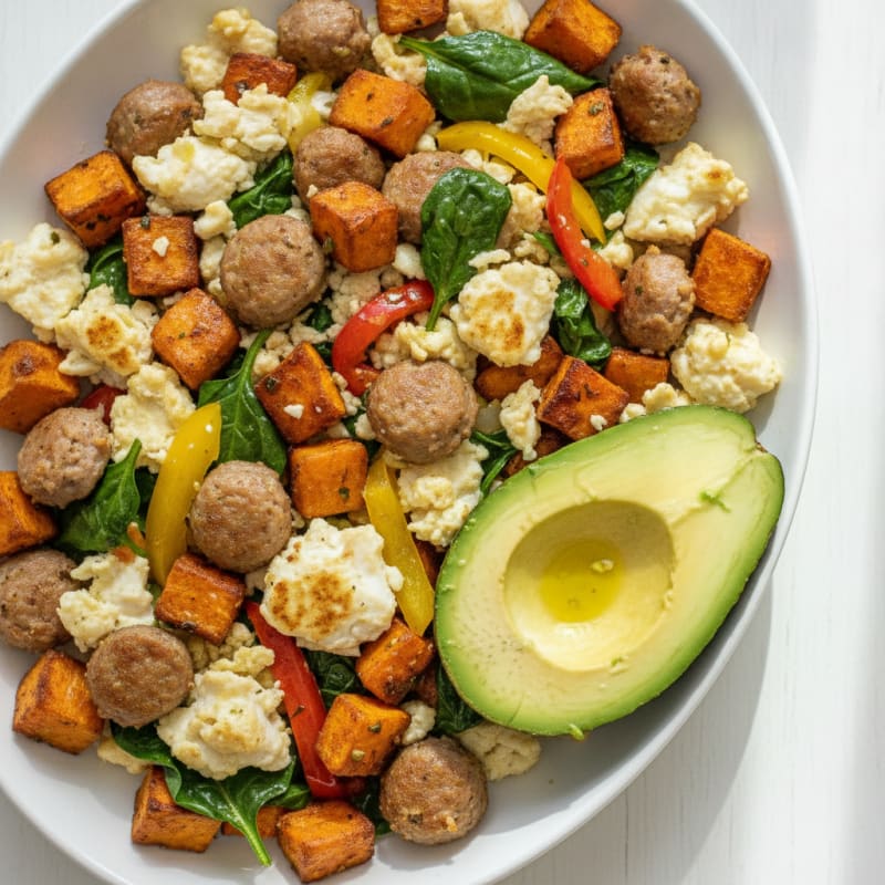 Egg White and Turkey Sausage Scramble with Roasted Sweet Potatoes