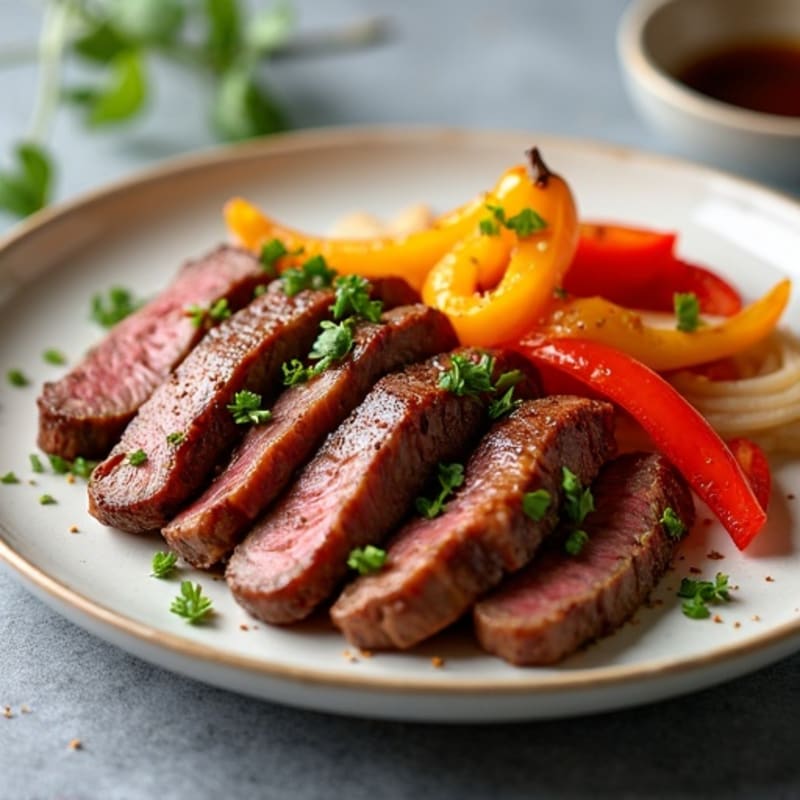 Crispy Pan-Seared Sliced Beef with Sautéed Bell Peppers and Caramelized Onions