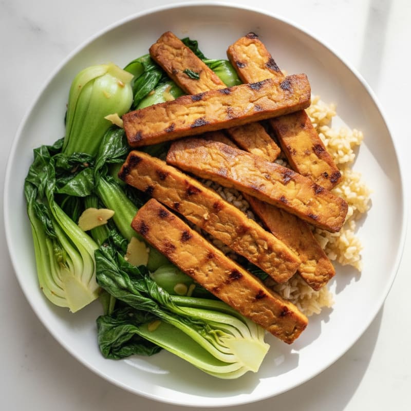 Grilled Tempeh with Garlic-Ginger Bok Choy and Brown Rice