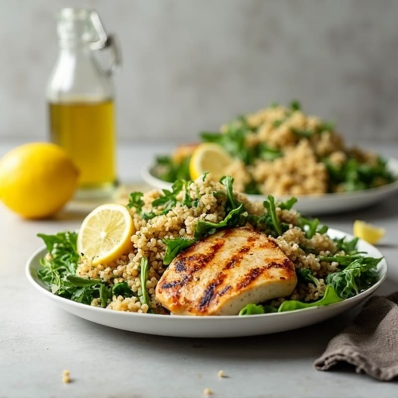 Grilled Chicken and Quinoa Salad with Crunchy Greens and Lemon Vinaigrette