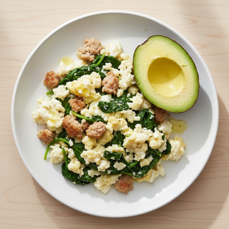 Egg White and Turkey Sausage Scramble with Sautéed Spinach