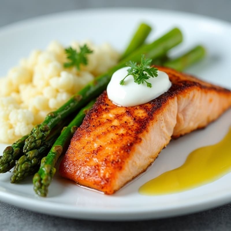 Seared Salmon with Roasted Asparagus and Cauliflower Mash