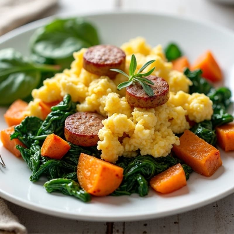 Egg White and Turkey Sausage Scramble with Spinach and Roasted Sweet Potatoes