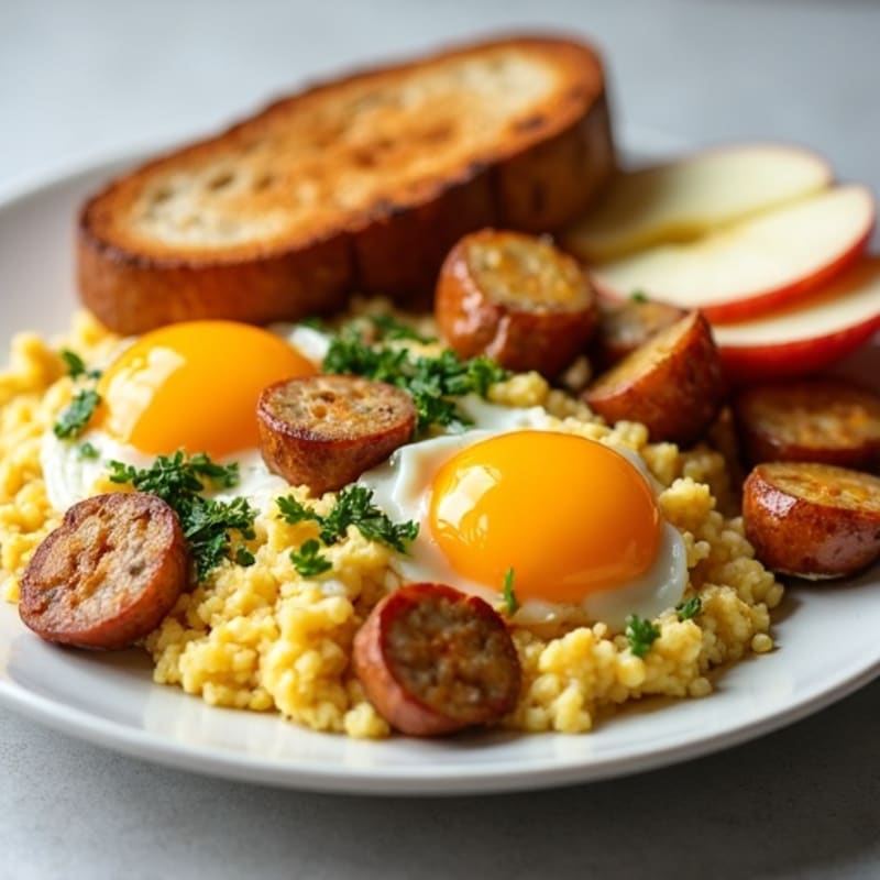 Egg and Turkey Sausage Scramble with Roasted Potatoes and Toasted Sourdough